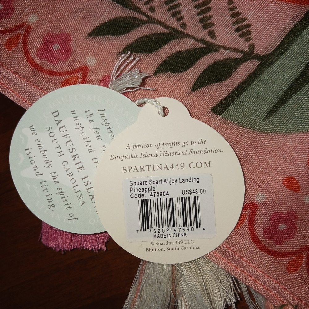 Spartina 449 Linen/viscose Square Tasseled Scarf "Alljoy Landing Pineapple" NWT - Picture 7 of 7